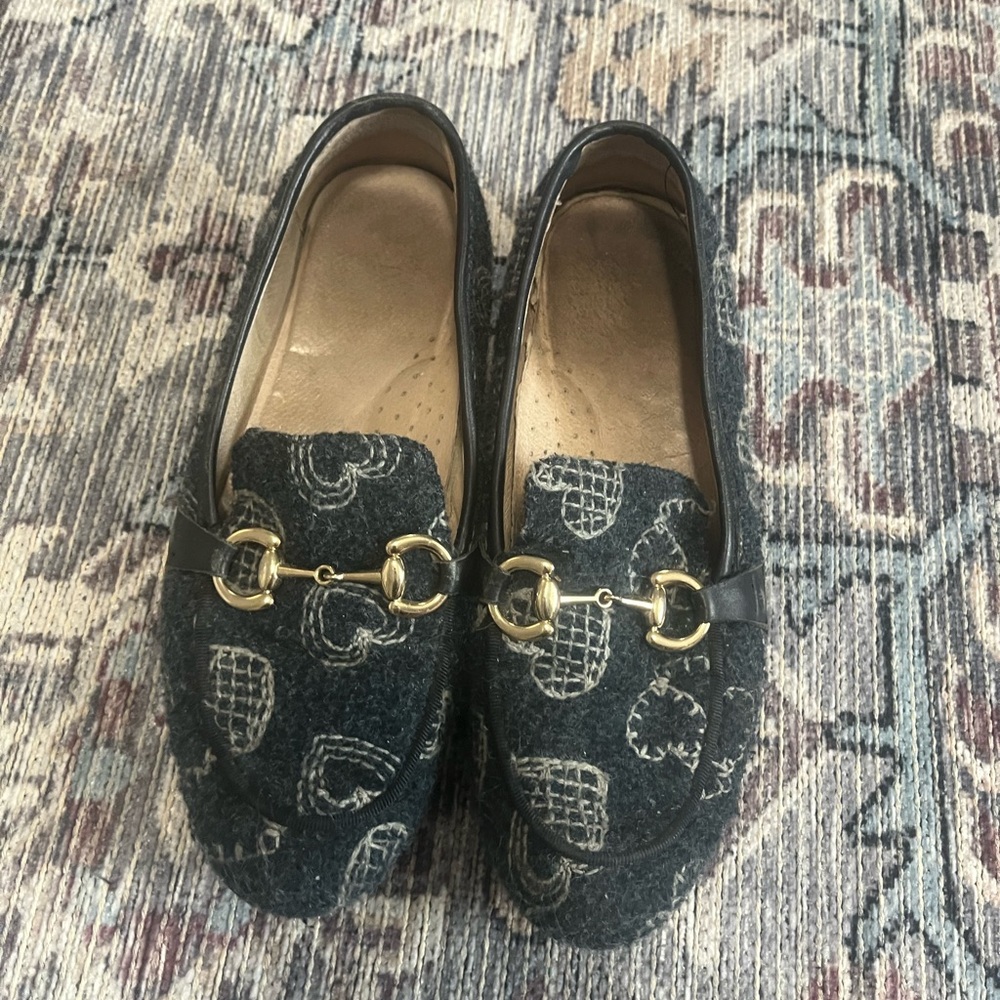 Denim loafers with hearts and a buckle